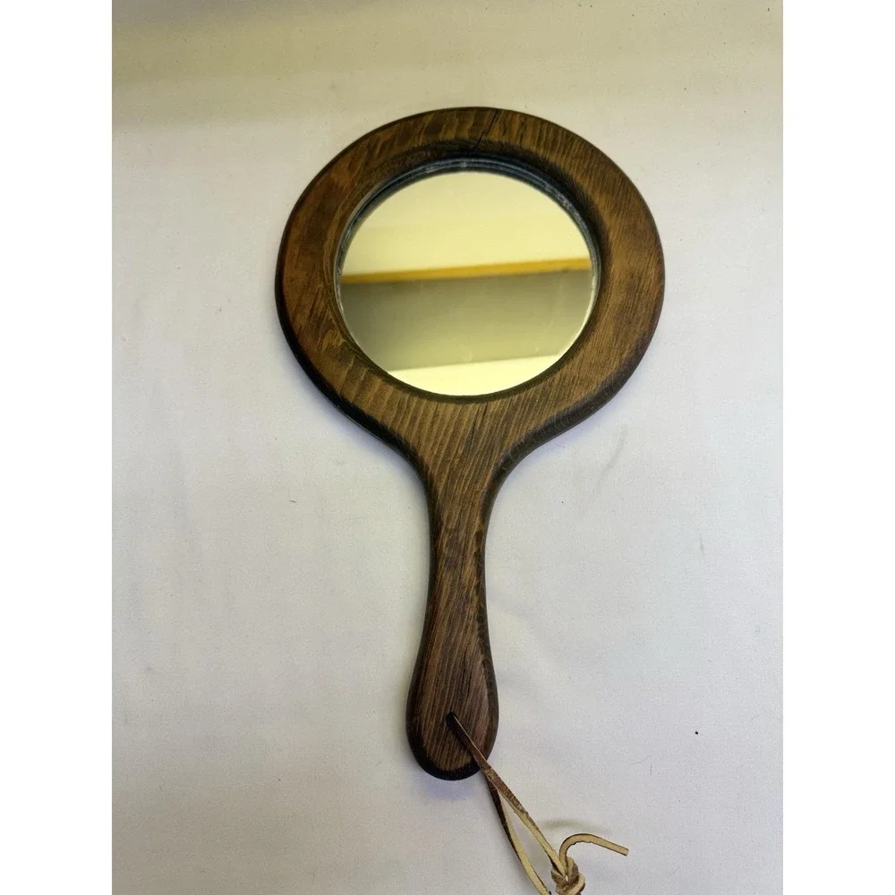 Wooden Hand Held Mirror W/ Pressed Flowers Round Vanity Dresser Handle